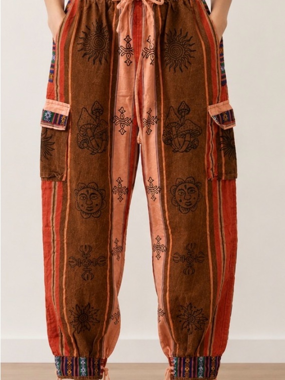 Boho Sun & Mushroom Print Patchwork Joggers - Rust and Brown Waist 20’ Inseam 30